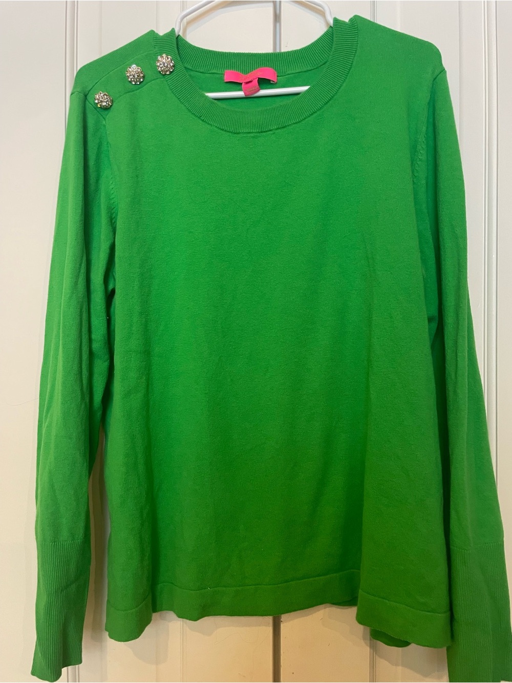 Lilly Pulitzer Green Crewneck Sweater with Embellished Shoulder Buttons